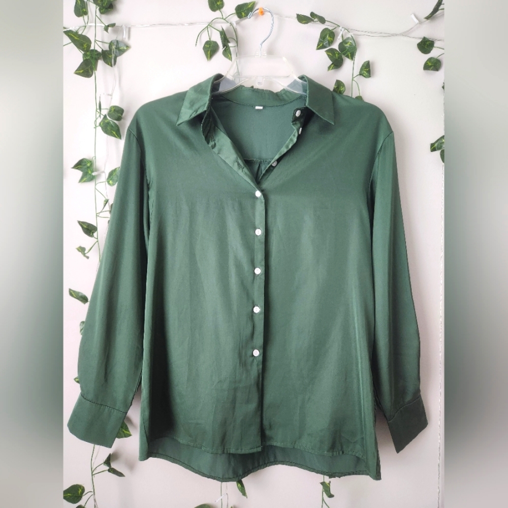 NWOT Long-Sleeve Satin Button-Down Collared Blouse